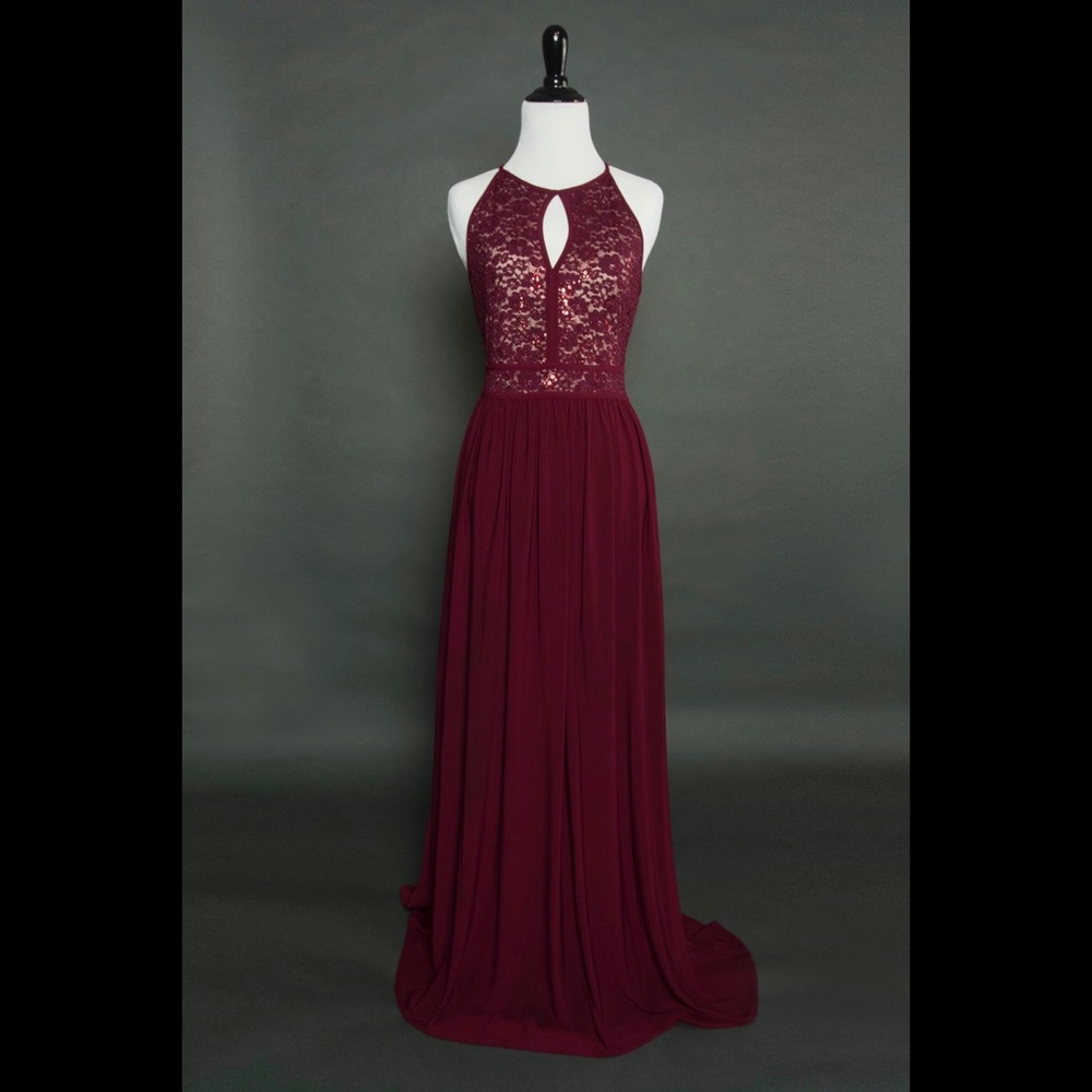 Lace sequin burgundy maxi prom/bridesmaid dress